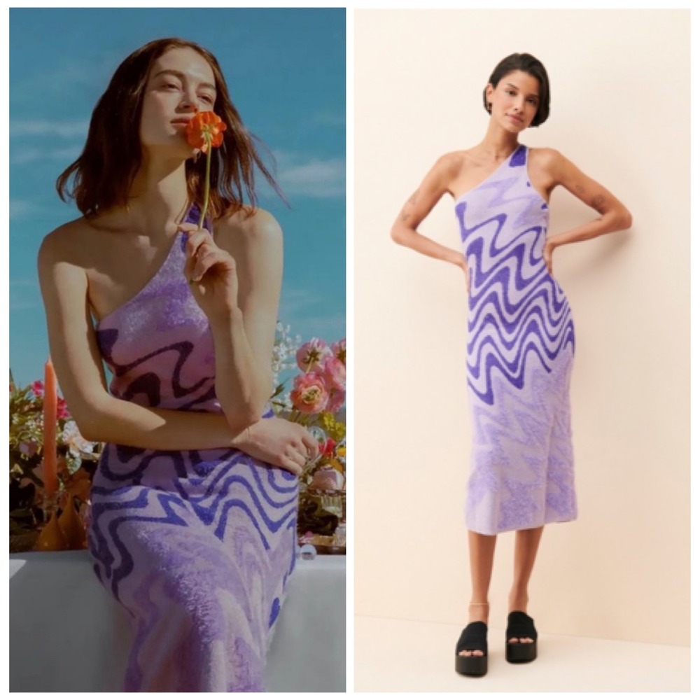 House of Sunny Wannabe Hockney Knit Wave One Shoulder Midi Dress Purple Size 10